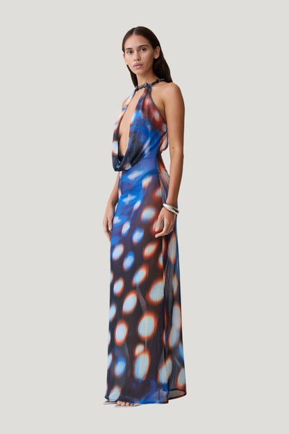 Ethel Mesh Cowl Plunge Maxi - Blue Abstract Print — model side
