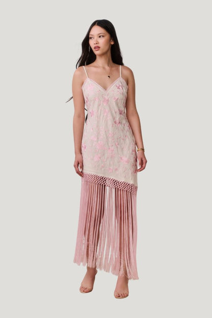 Evalette Floral Fringe Maxi Dress — model side