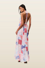 Fancy Patchwork Halter Maxi Dress — model back