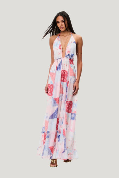Fancy Patchwork Halter Maxi Dress — model front