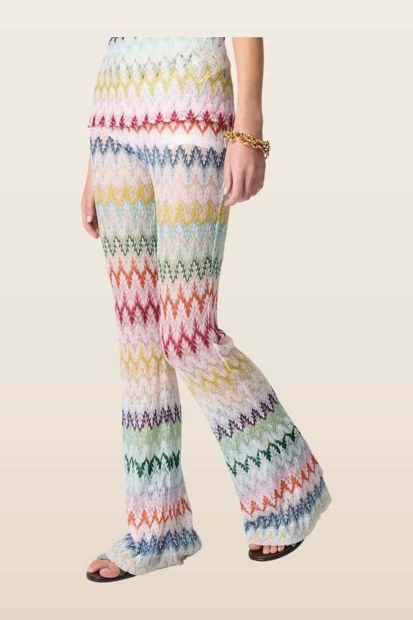 Flare trousers in viscose-blend lamé with zig zag motif — model back