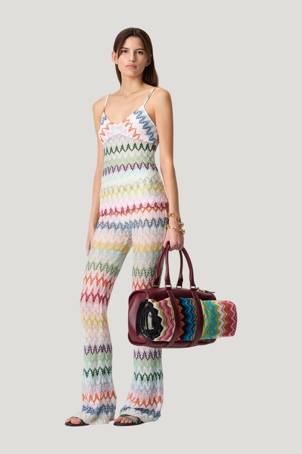 Flare trousers in viscose-blend lamé with zig zag motif — model front