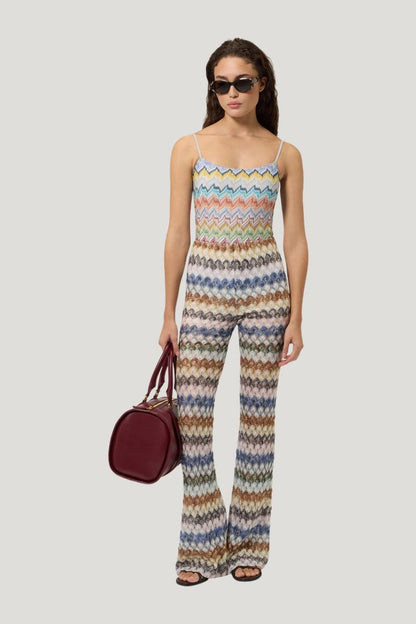 Flare viscose lamé trousers with lace motif — model front