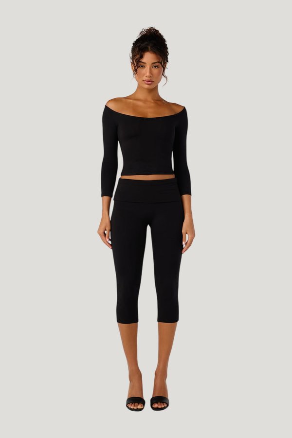 Foldover Jersey Capri Leggings — model front