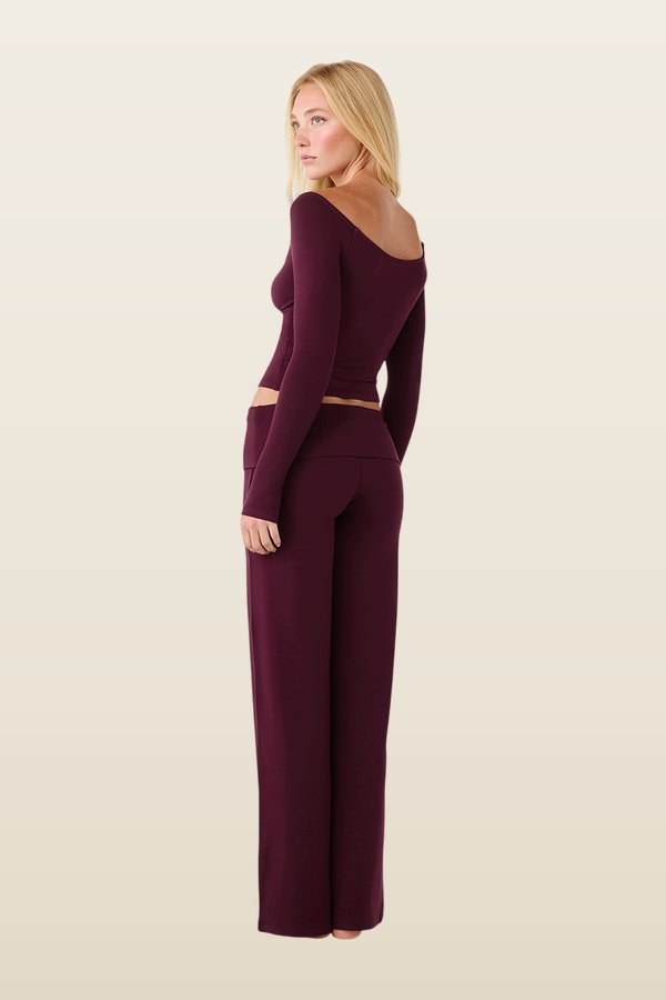 Foldover Jersey Straight Leg Pants | Deep Berry — model back