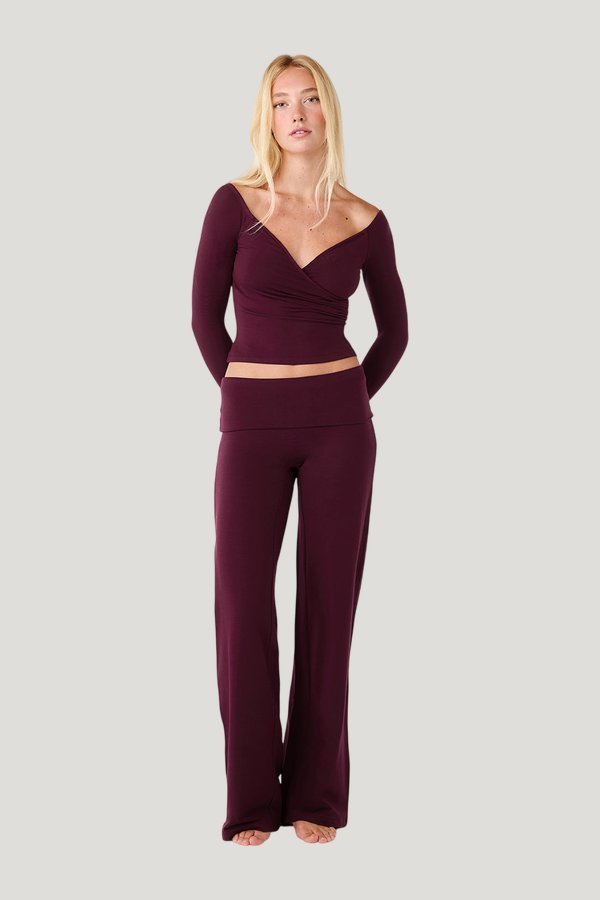 Foldover Jersey Straight Leg Pants | Deep Berry — model front