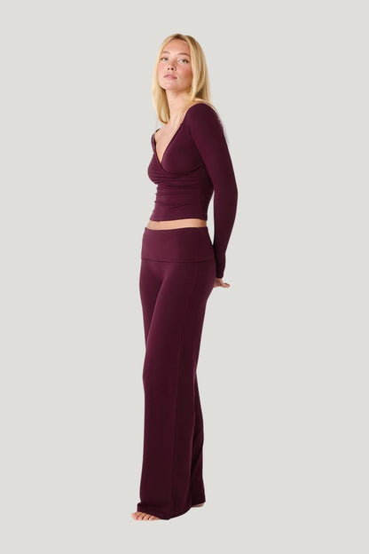 Foldover Jersey Straight Leg Pants | Deep Berry — model side