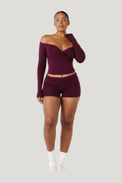 Foldover Yoga Shorts | Deep Berry — model front