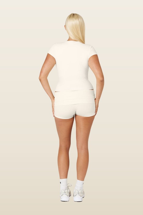Foldover Yoga Shorts | Milk — model back