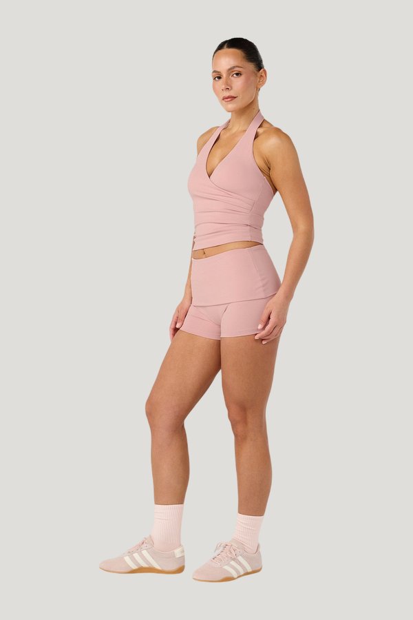 Form Invisible Scrunch Fold Over Shorts | Dusty — model side