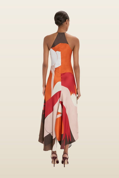 Halter Neck Midi Dress In Abstract Dark Earth — model back