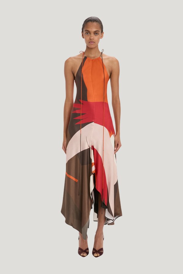 Halter Neck Midi Dress In Abstract Dark Earth — model front