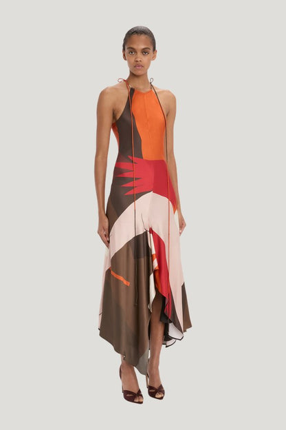Halter Neck Midi Dress In Abstract Dark Earth — model side