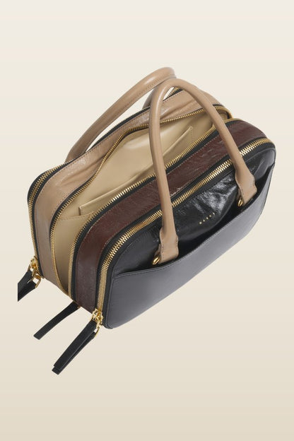 Black, brown and taupe leather small Boxyne bag — model back