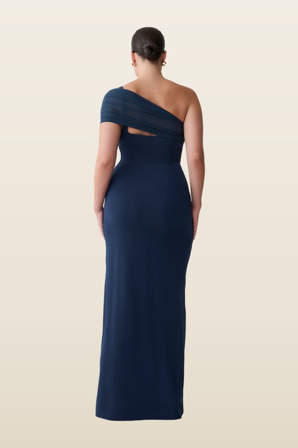 Hanh One Shoulder Mesh Maxi Dress - Ink — model back