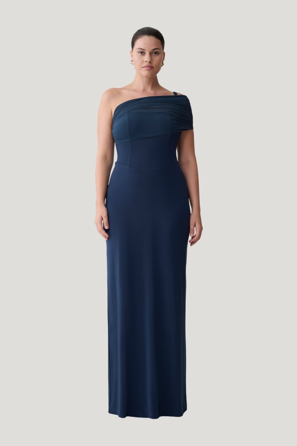 Hanh One Shoulder Mesh Maxi Dress - Ink — model front