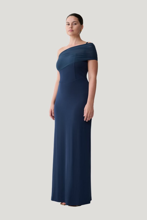 Hanh One Shoulder Mesh Maxi Dress - Ink — model side