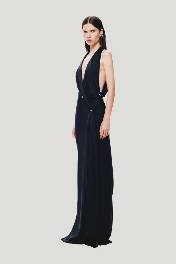 The Harlow Satin Dress — model side