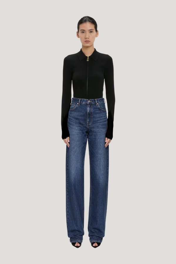 High Waist Jean In Mid Blue Wash — model front