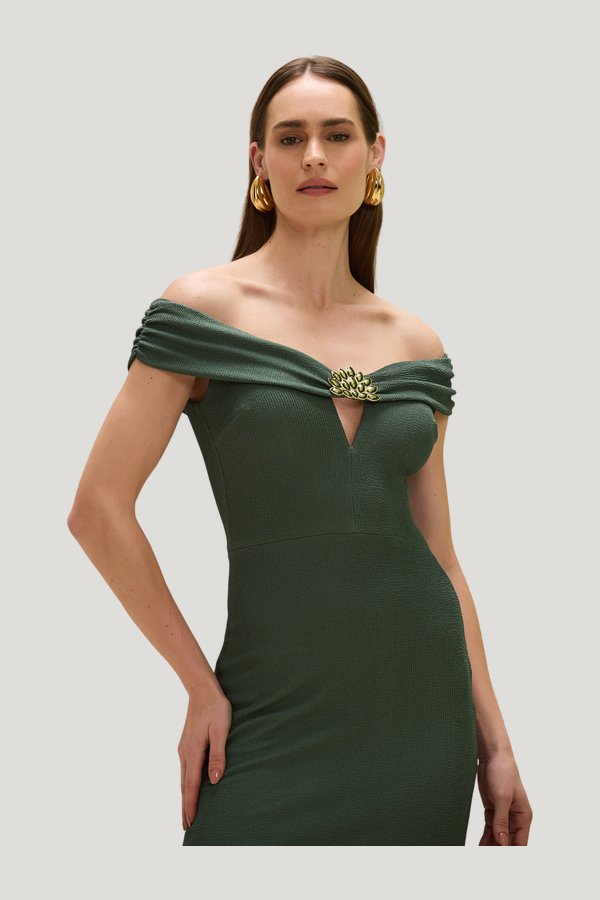 Hilda Knit Off Shoulder Midi Dress — model side