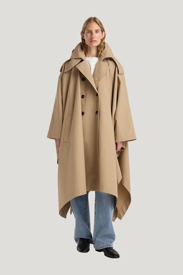 Hooded cape trenchcoat — model front