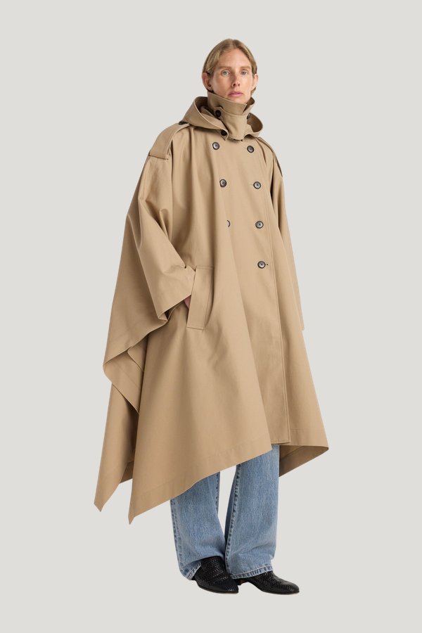 Hooded cape trenchcoat — model side