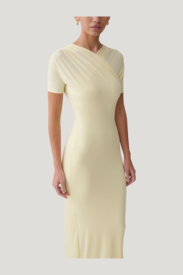 Junie Cross-Over Neck Slinky Maxi Dress — model side
