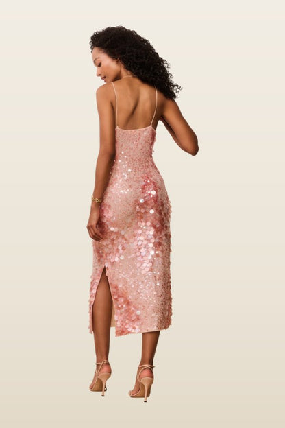 Kayleen Peach Sequin Midi Dress — model back