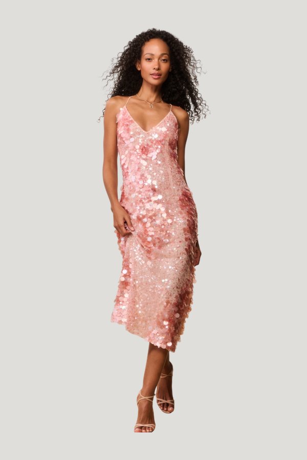 Kayleen Peach Sequin Midi Dress — model front