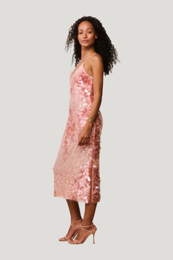 Kayleen Peach Sequin Midi Dress — model side