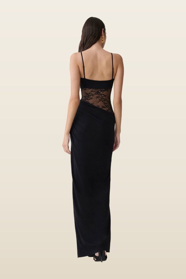 Kelela Draped Slinky And Lace Maxi Dress — model back