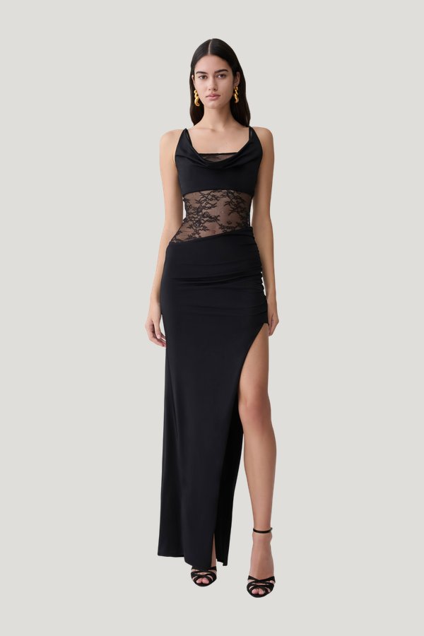 Kelela Draped Slinky And Lace Maxi Dress — model front
