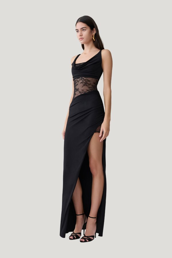 Kelela Draped Slinky And Lace Maxi Dress — model side