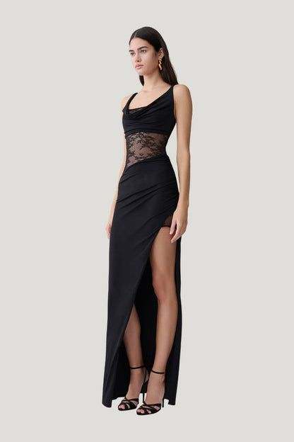 Kelela Draped Slinky And Lace Maxi Dress — model side