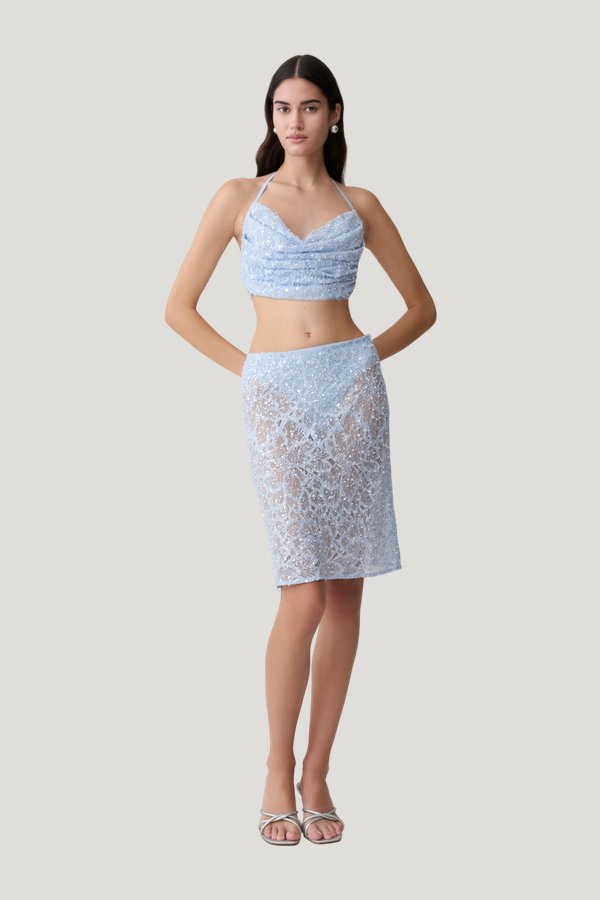 Kiara Pearl Beaded Midi Skirt — model front