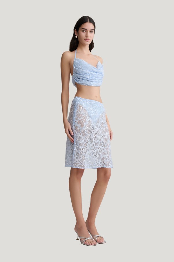 Kiara Pearl Beaded Midi Skirt — model side