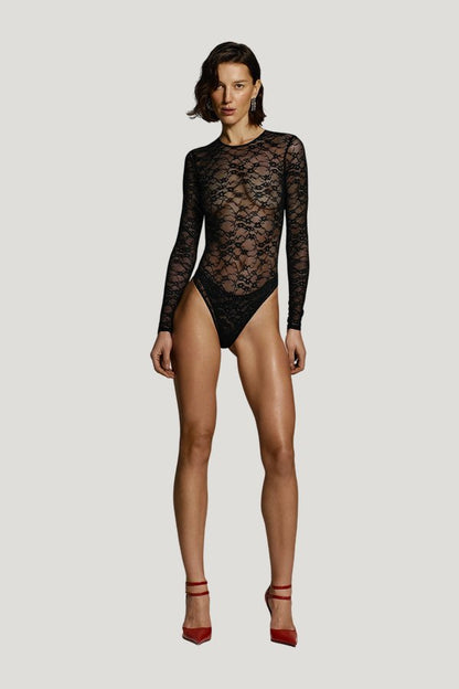 Lace Skin bodysuit in Onyx — model front
