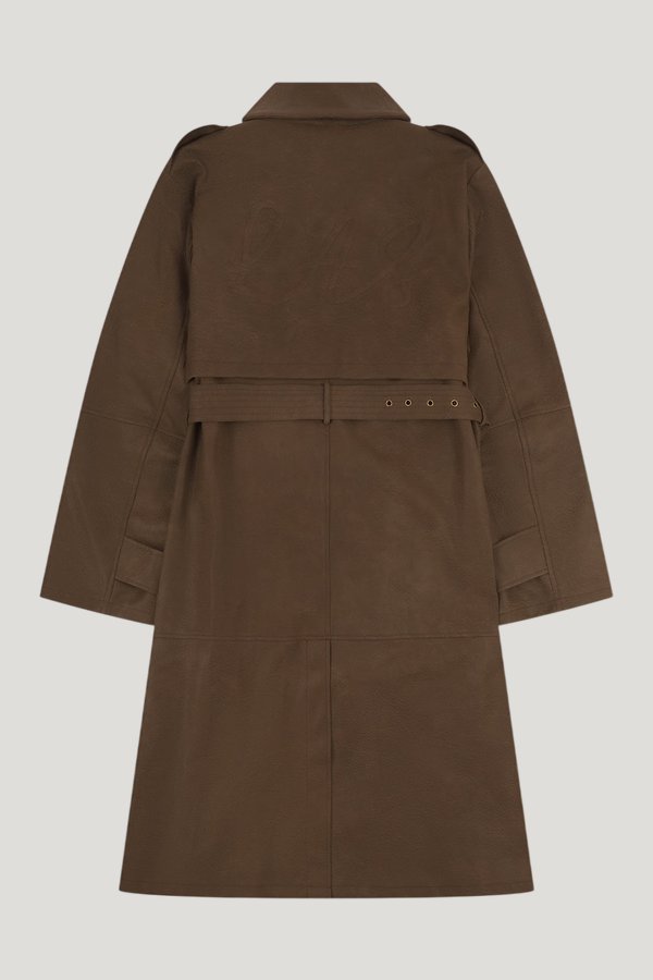 'Versailles' Limited Edition Faux Leather Signature Belted Trench Coat — model front