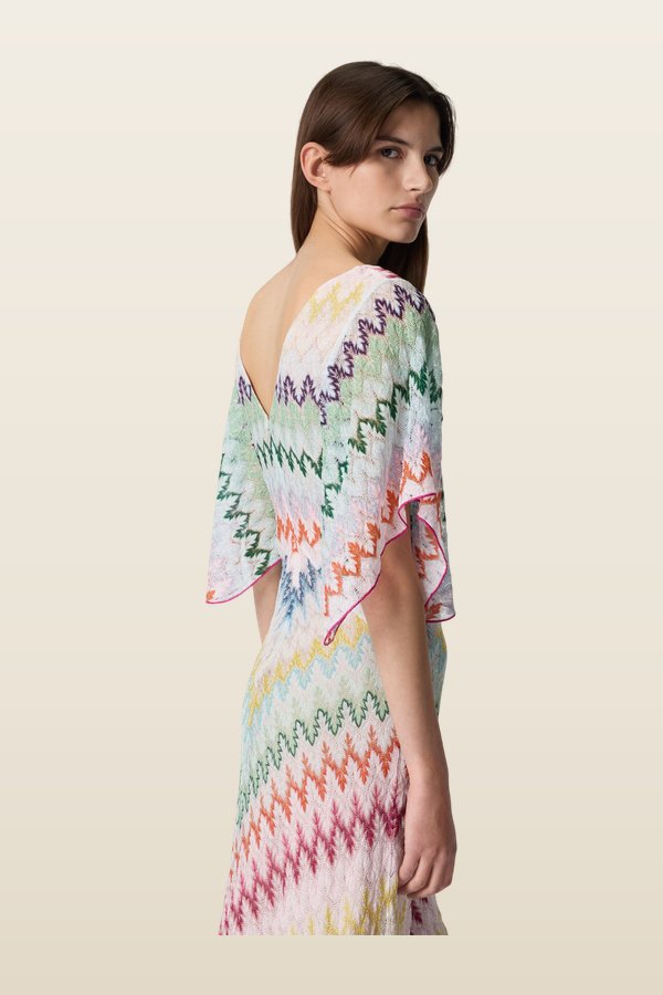 Long dress with V-neck in zigzag lamé viscose — model back