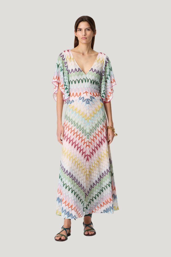 Long dress with V-neck in zigzag lamé viscose — model front