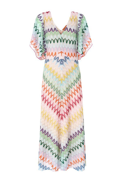 Long dress with V-neck in zigzag lamé viscose — packshot