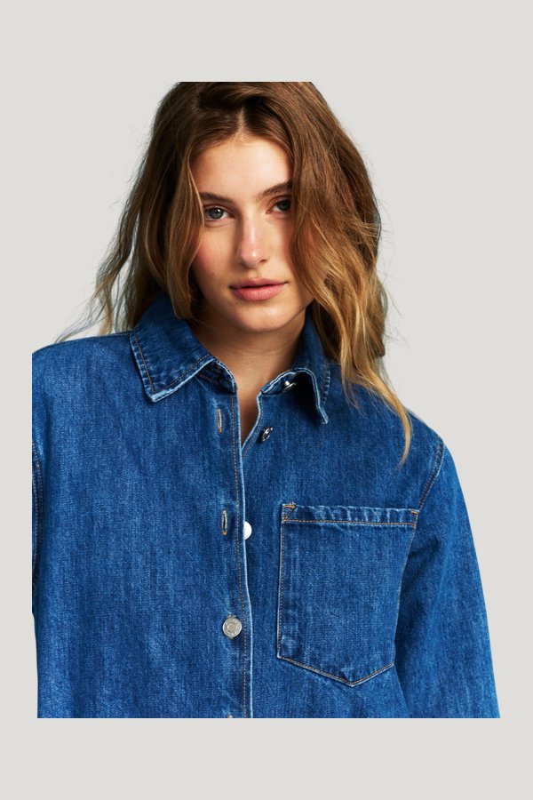 Long Sleeve Denim Romper - Medium Wash — extra