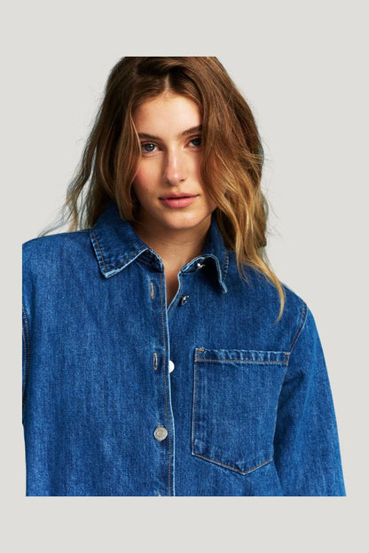 Long Sleeve Denim Romper - Medium Wash — extra