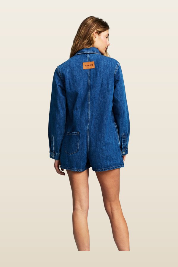 Long Sleeve Denim Romper - Medium Wash — model back
