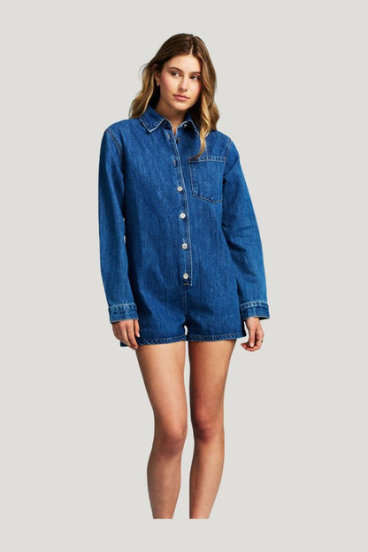 Long Sleeve Denim Romper - Medium Wash — model front