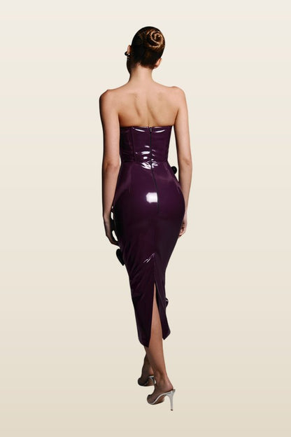 Love Killa dress in Plum Patent — model back