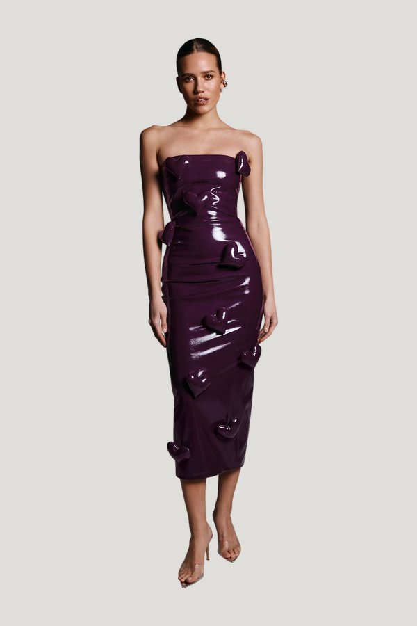 Love Killa dress in Plum Patent — model front