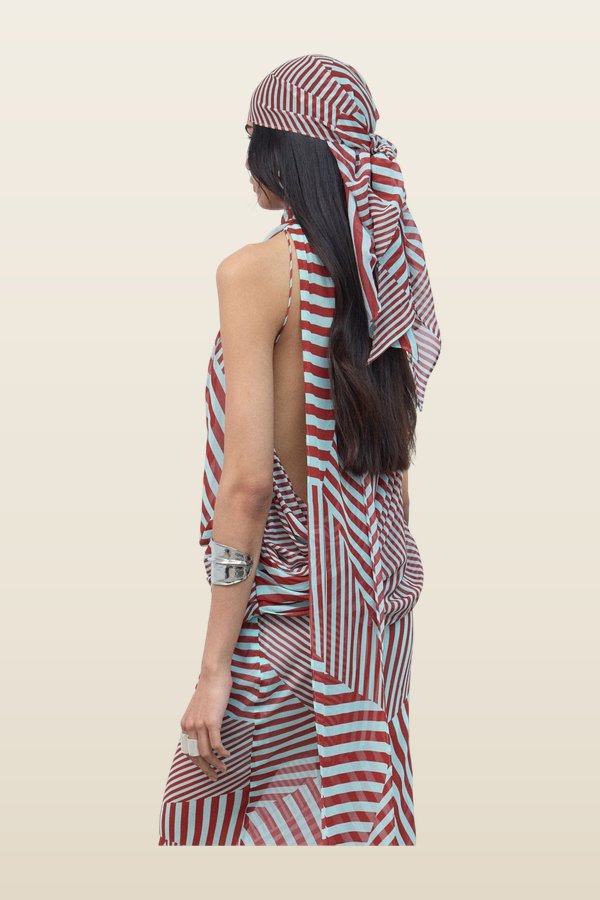 Luna Head Scarf In Maroon & Turquoise Stripe Georgette — model back