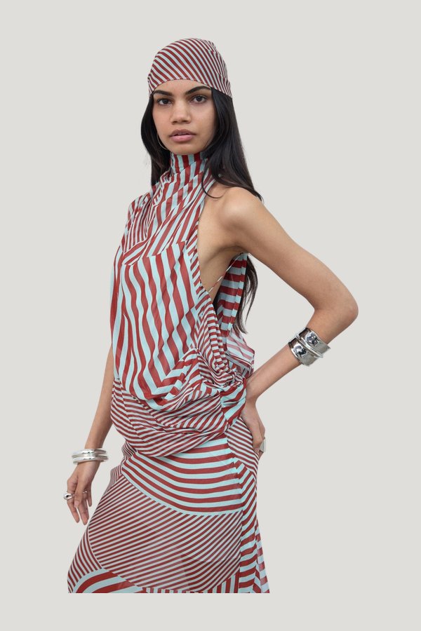 Luna Head Scarf In Maroon & Turquoise Stripe Georgette — model front