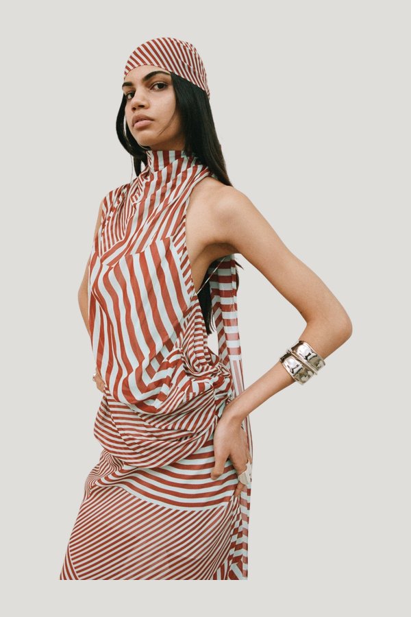 Luna Head Scarf In Maroon & Turquoise Stripe Georgette — model side